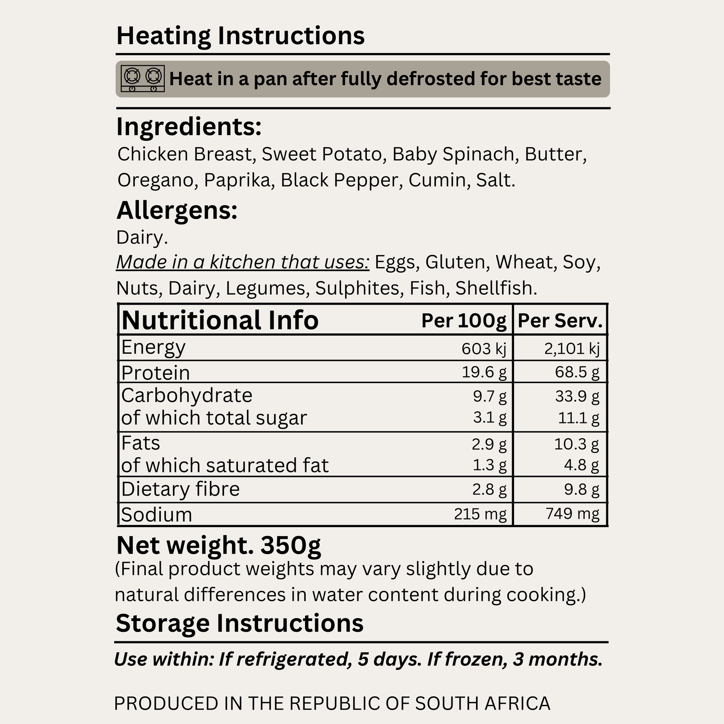 Macro&Micro High Protein Chicken, Sweet Potato, Spinach Saute Pre Made Meal Ingredients