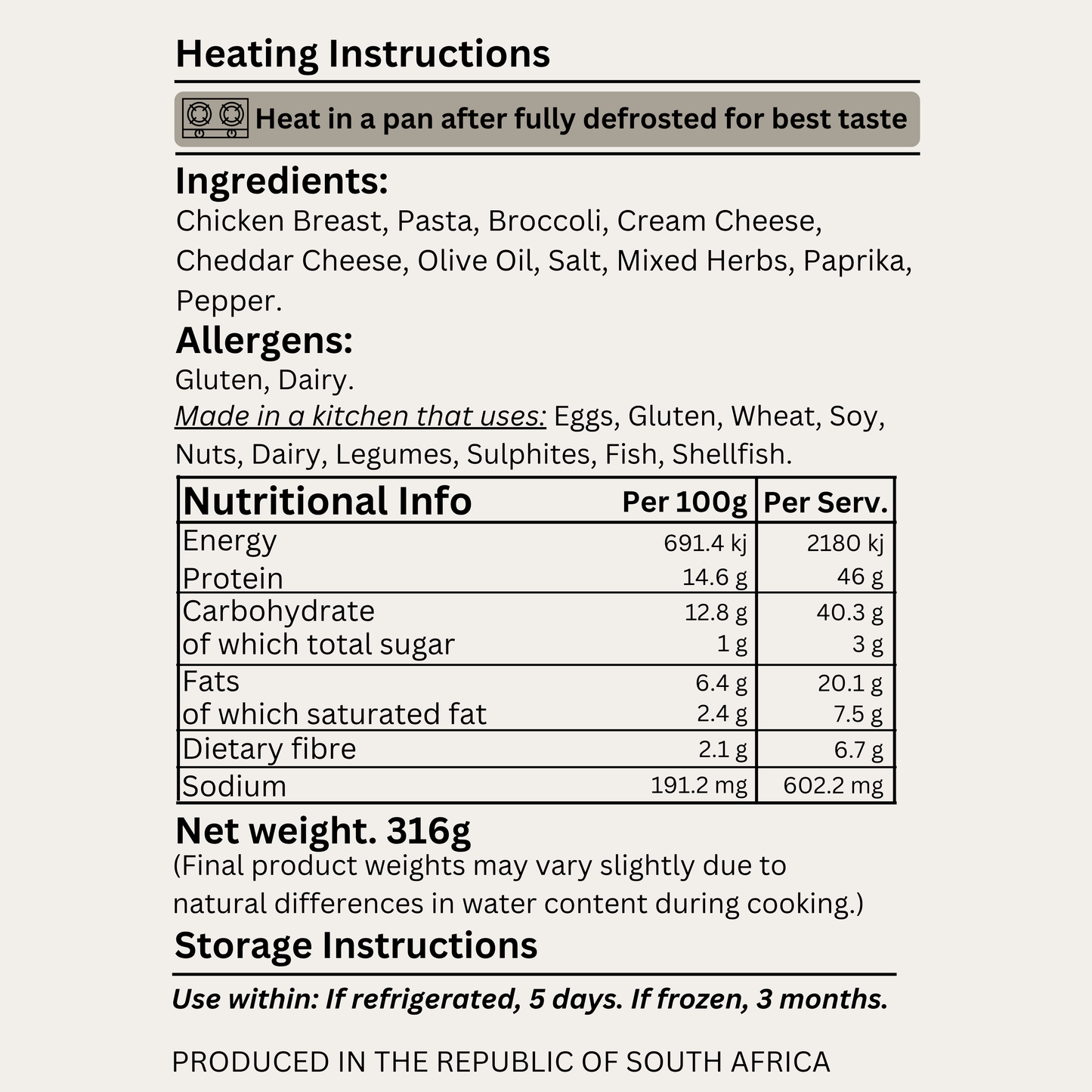 Macro&Micro High Protein Chicken Alfredo Pasta Mini Ingredients. Capetown Meal Prep