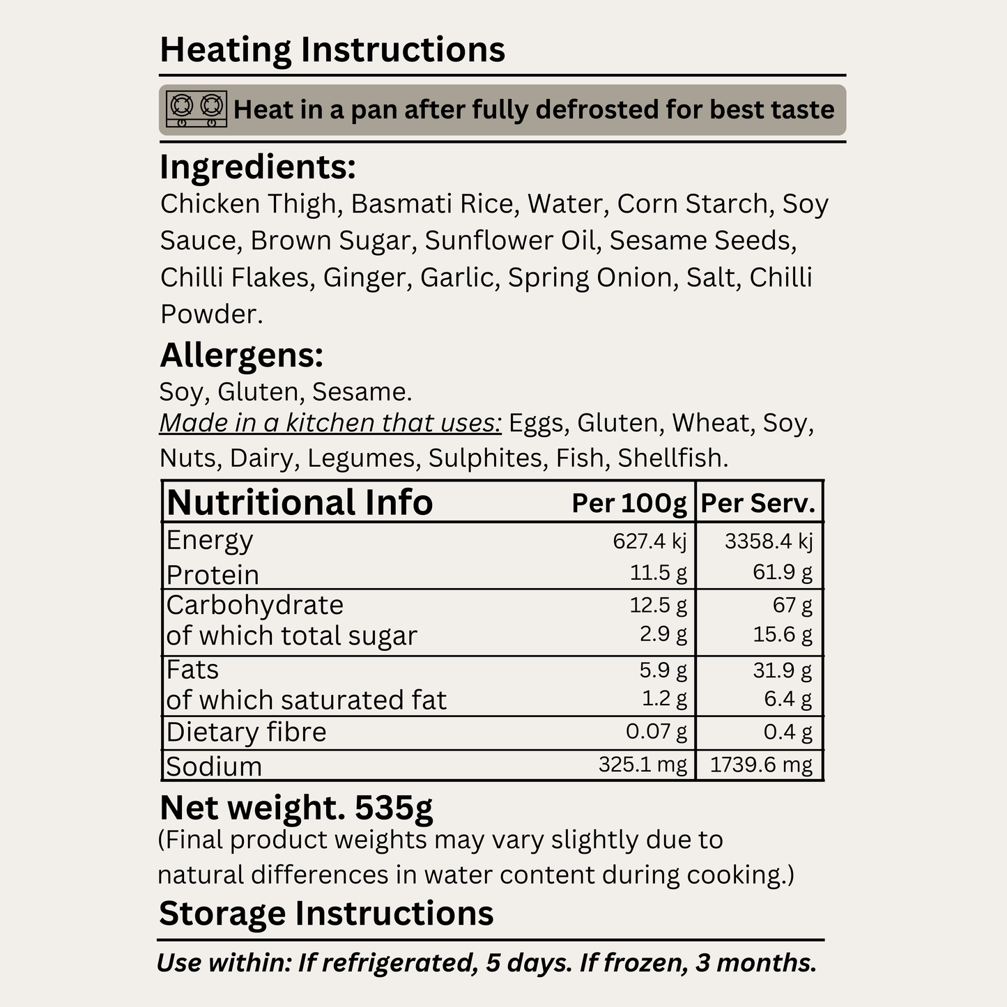 Nutritional label with heating, ingredients, allergens, and storage instructions.