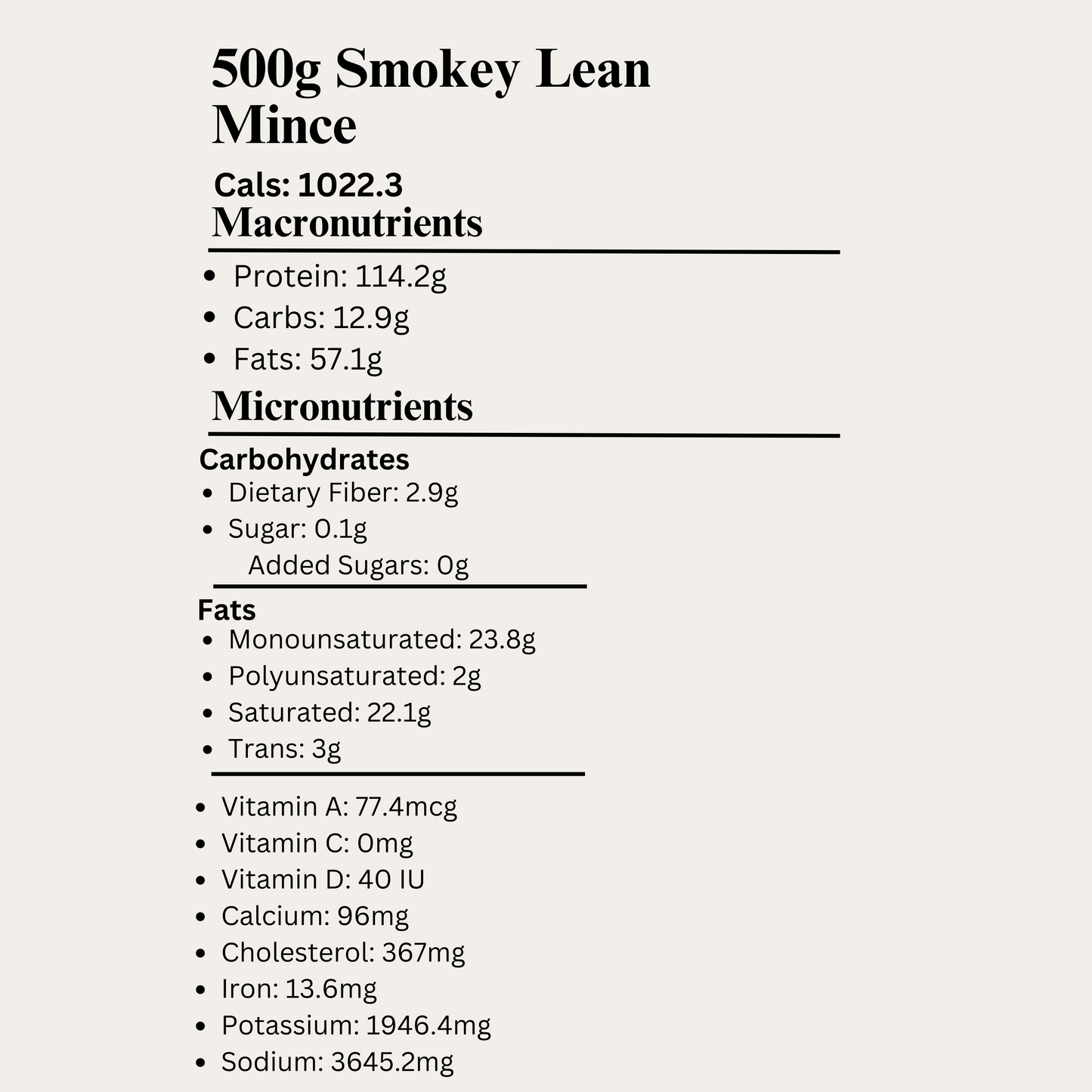 Macro&Micro 500 rams Smokey Lean Mince Cooked Nutrition Breakdown