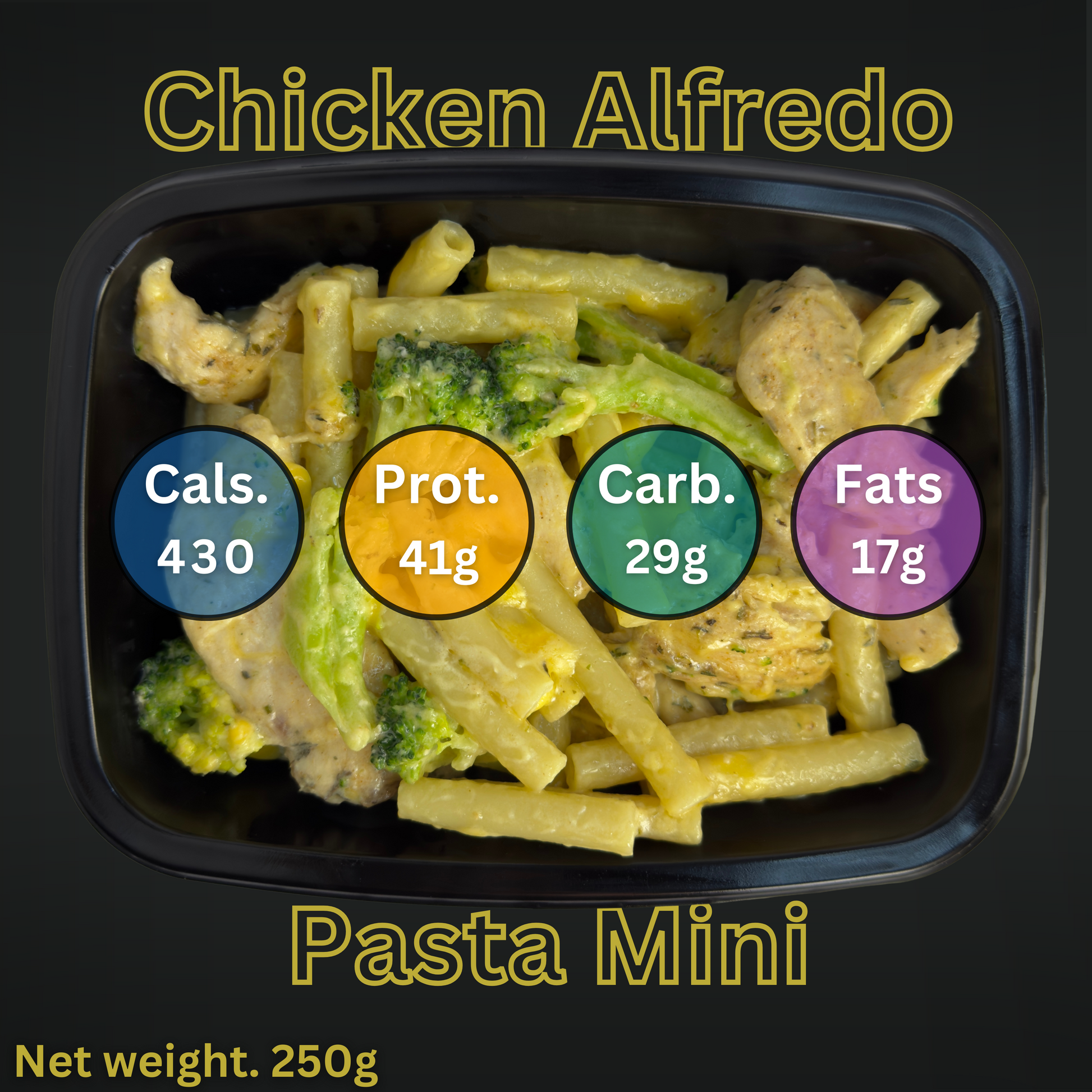 Macro&Micro Chicken Alfredo Pasta Mini dish with nutritional information on a black background