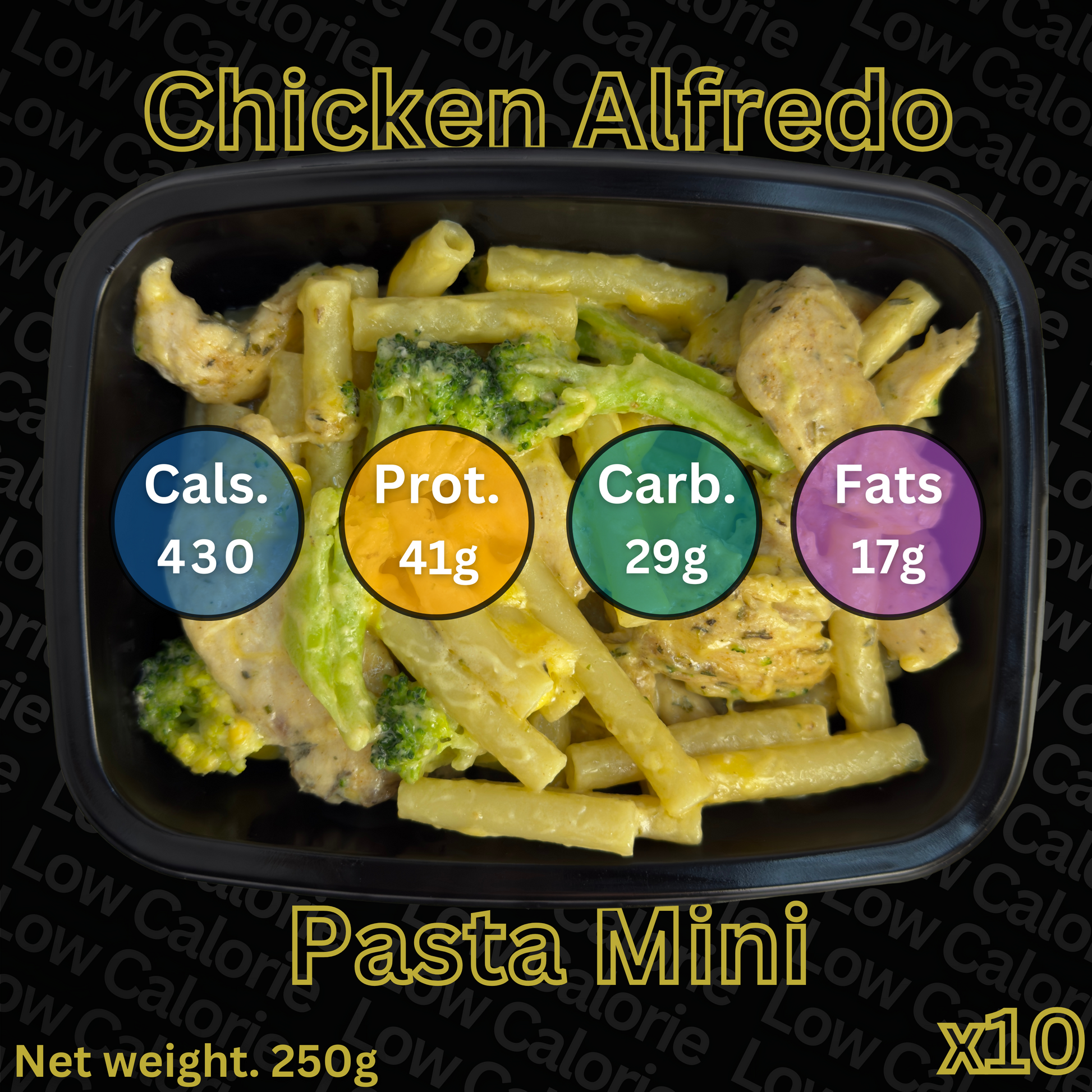 Macro&Micro Chicken Alfredo Pasta Mini dish with nutritional information on a black background