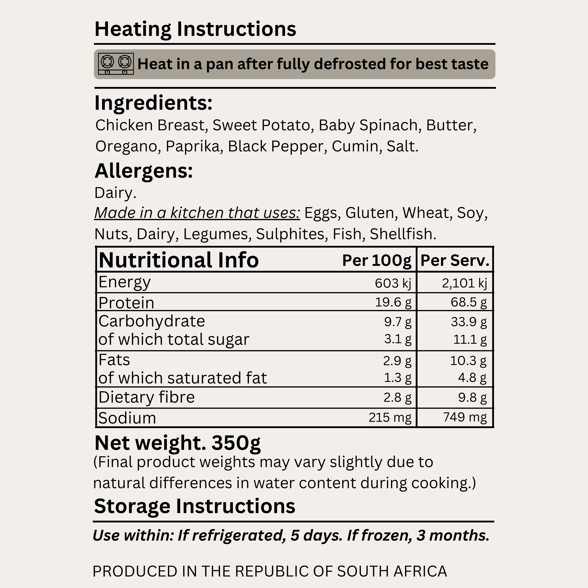 Macro&Micro High Protein Chicken, Sweet Potato, Spinach Saute Pre Made Meal Ingredients 