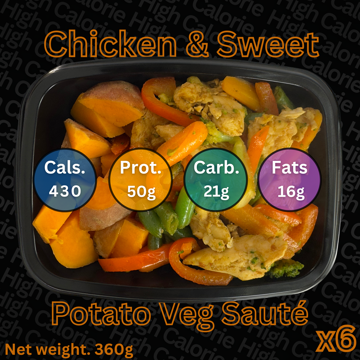 Macro&Micro Chicken & Sweet Potato Veg Sauté with nutritional information on a black background.