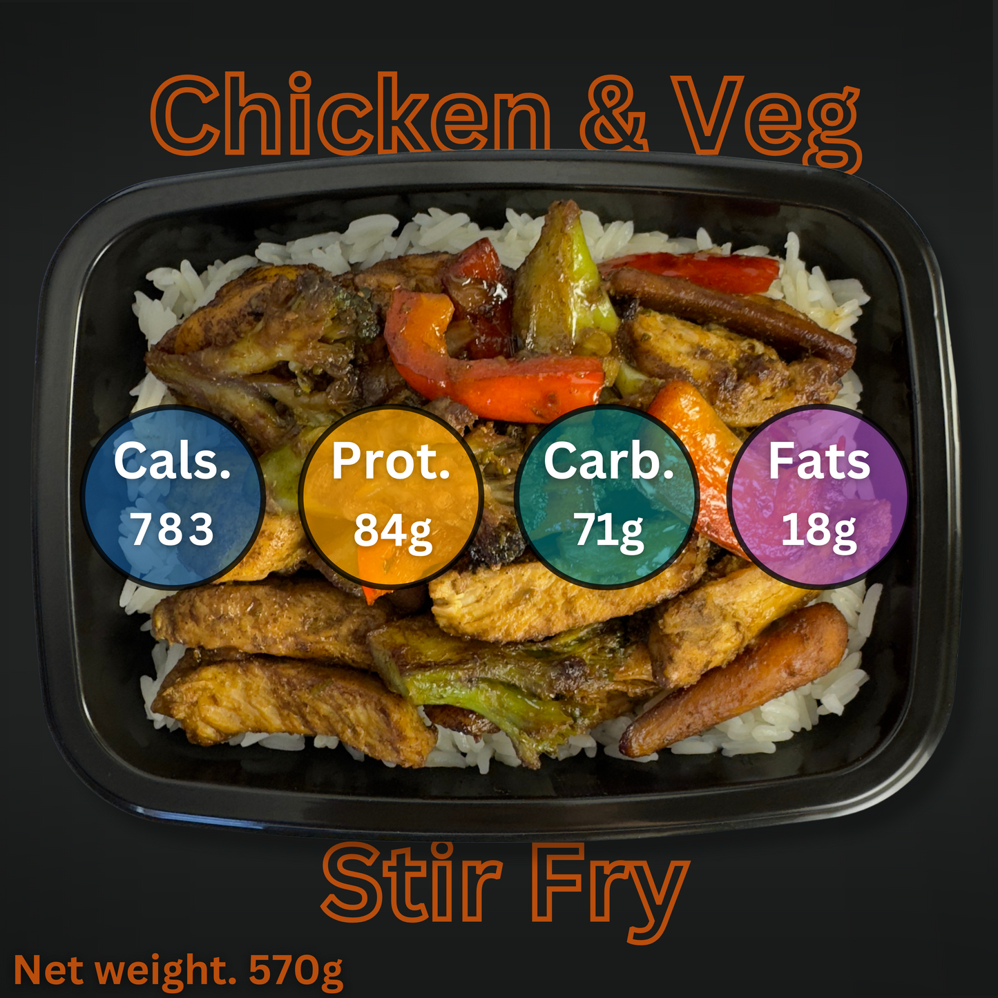 Macro&Micro Chicken &Veg stir fry dish with nutritional information labels on a black background