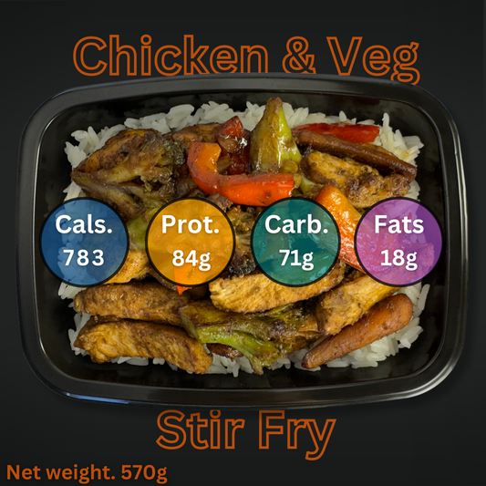Macro&Micro Chicken &Veg stir fry dish with nutritional information labels on a black background
