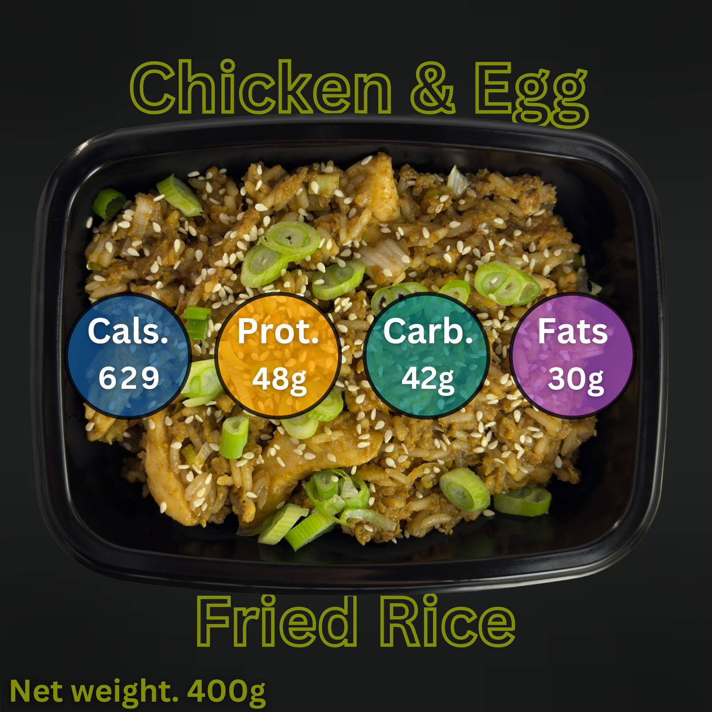 Macro&Micro Chicken & egg fried rice dish with nutritional information labels on a black background