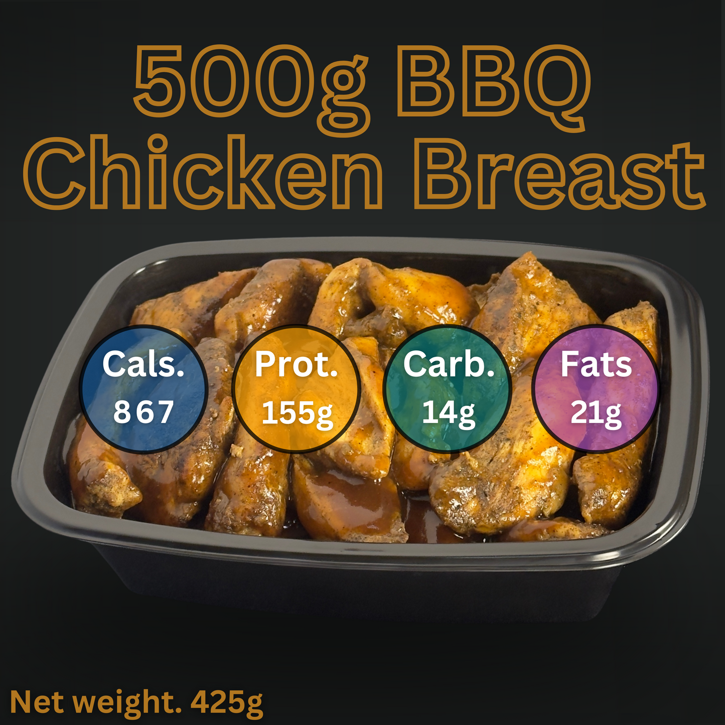 Macro&Micro BBQ chicken breast with nutritional information labels on a dark background