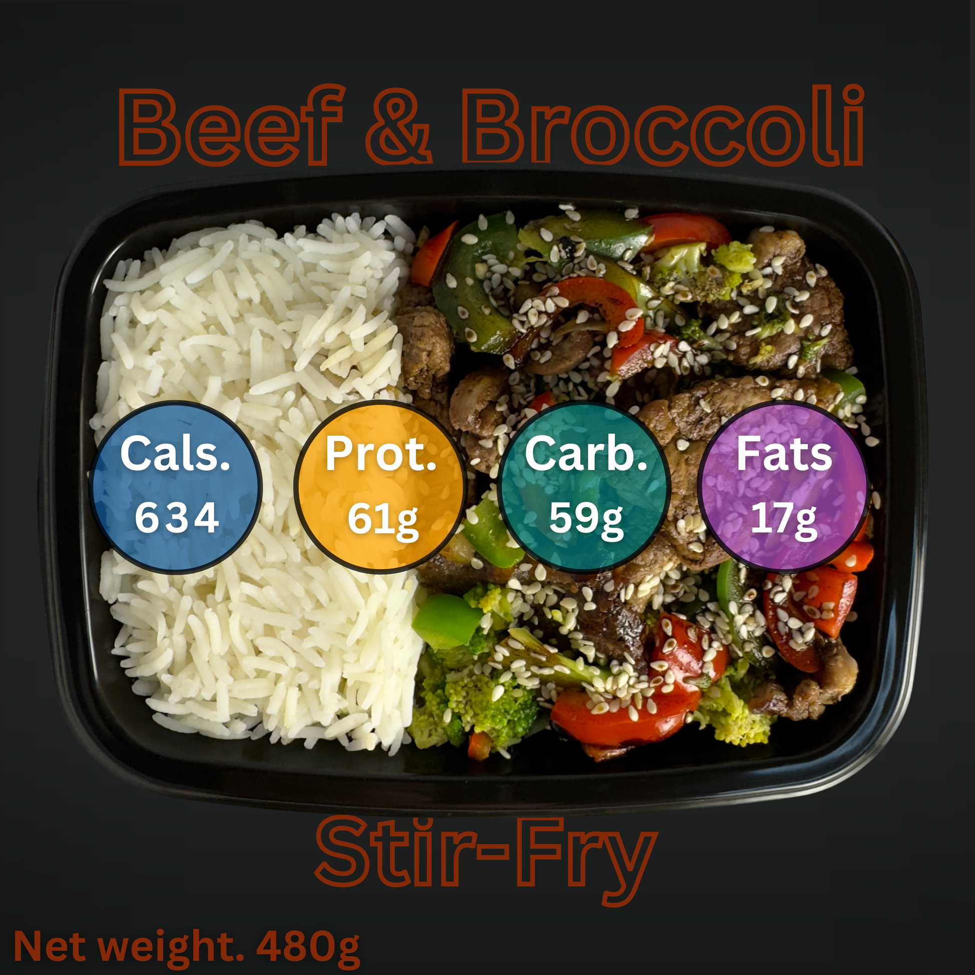 Macro&Micro Beef and broccoli stir-fry with nutritional information labels on a black background