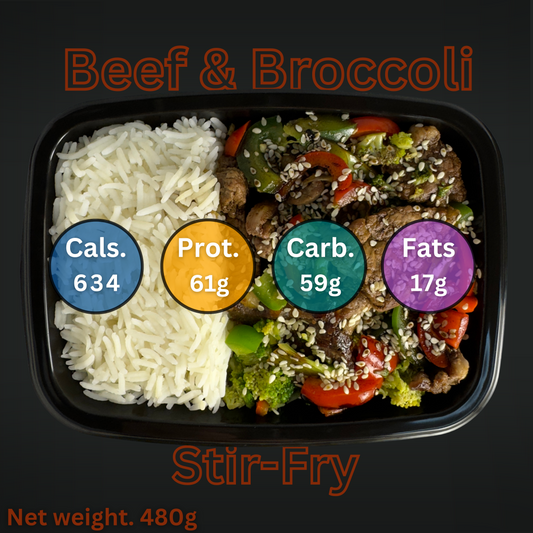 Macro&Micro Beef and broccoli stir-fry with nutritional information labels on a black background