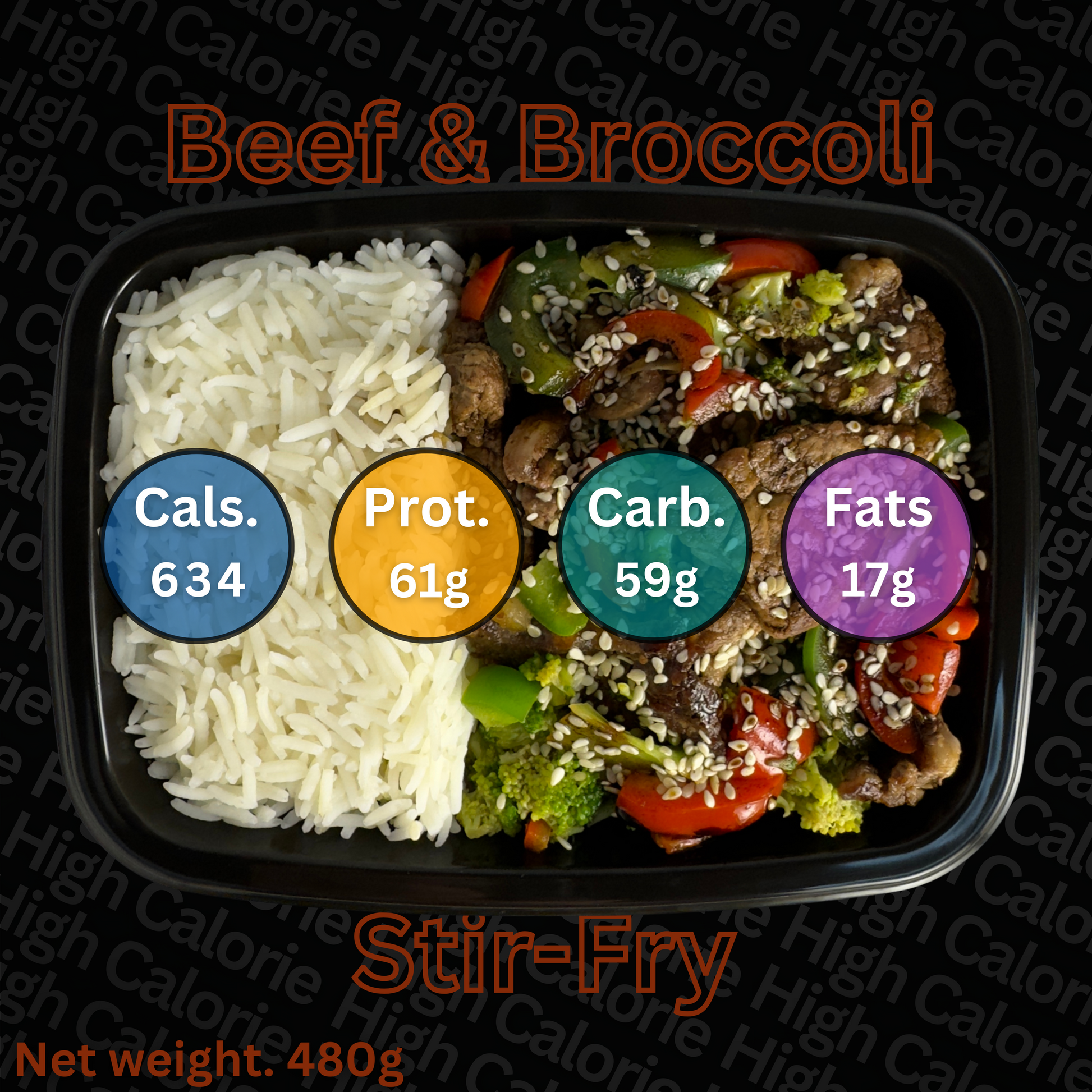Macro&Micro Beef and broccoli stir-fry in a black container with nutritional information labels on a black background.