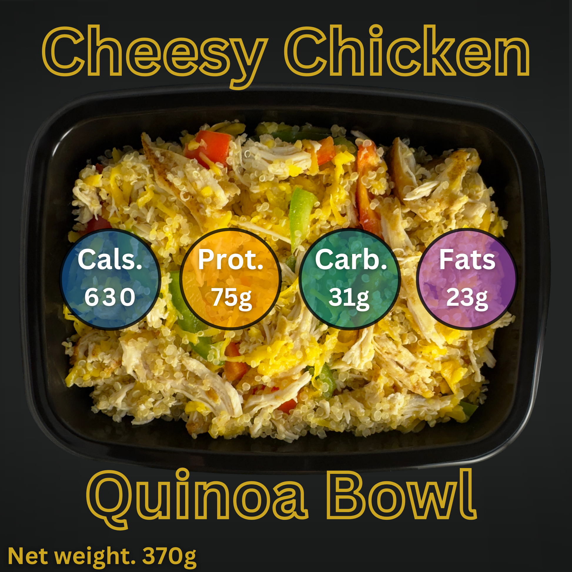 Macro&Micro Cheesy Chicken Quinoa Bowl with nutritional information on a black background