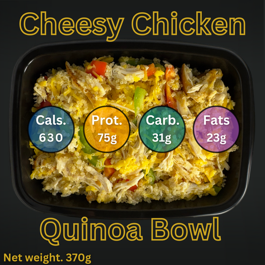 Macro&Micro Cheesy Chicken Quinoa Bowl with nutritional information on a black background