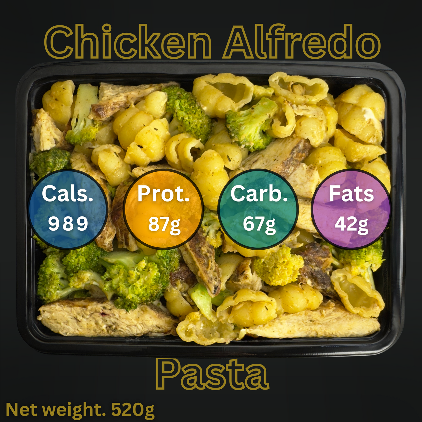 Macro&Micro Chicken Alfredo Pasta with nutritional information labels on a black background