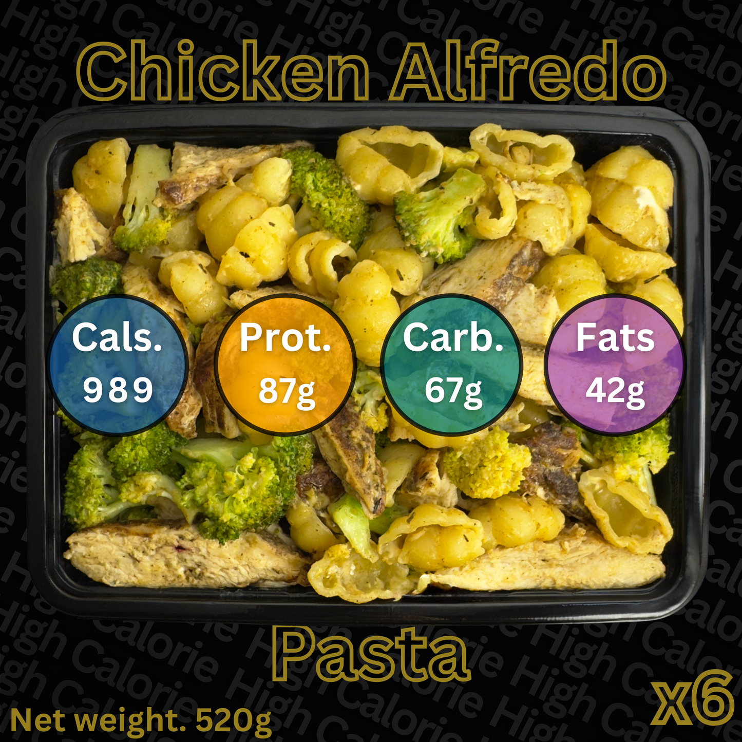 Macro&Micro Chicken Alfredo pasta with nutritional information labels on a black background.