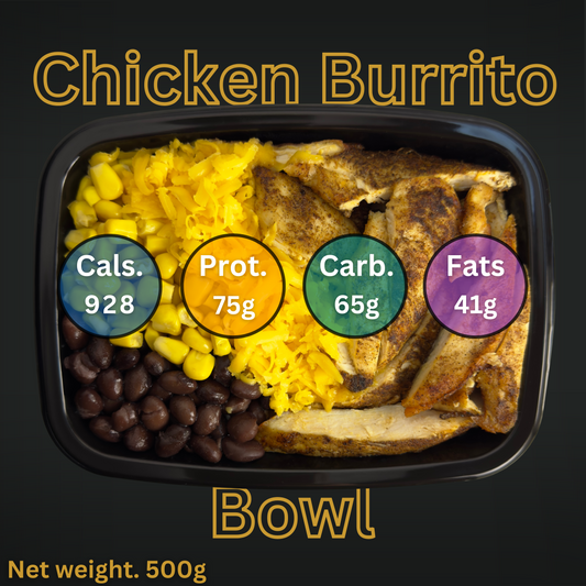 Macro&Micro Chicken burrito bowl with nutritional information on a black background