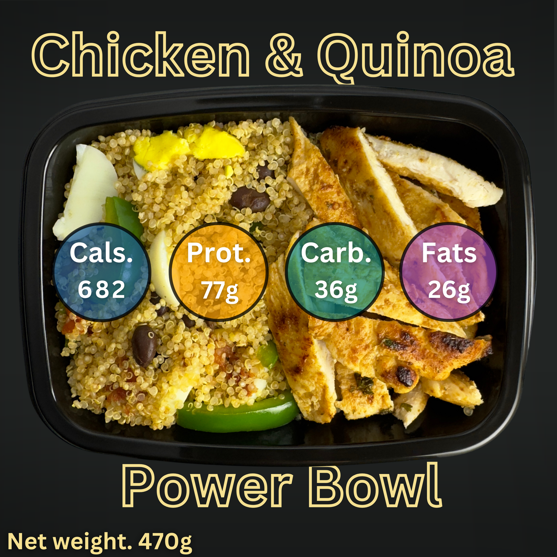 Macro&Micro Chicken and quinoa power bowl with nutritional information on a black background