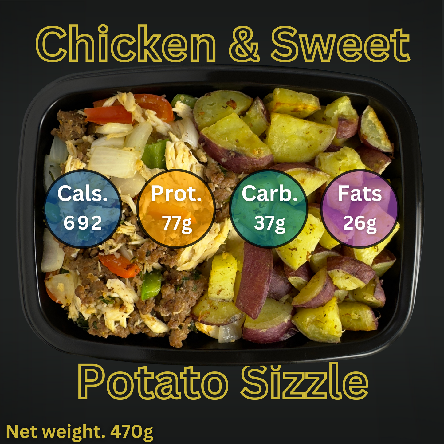 Macro&Micro Container of Chicken & Sweet Potato Sizzle with nutritional information displayed.
