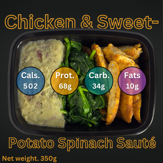 Macro&Micro Meal container with chicken, sweet potato, and spinach labeled with nutritional information on a black background.