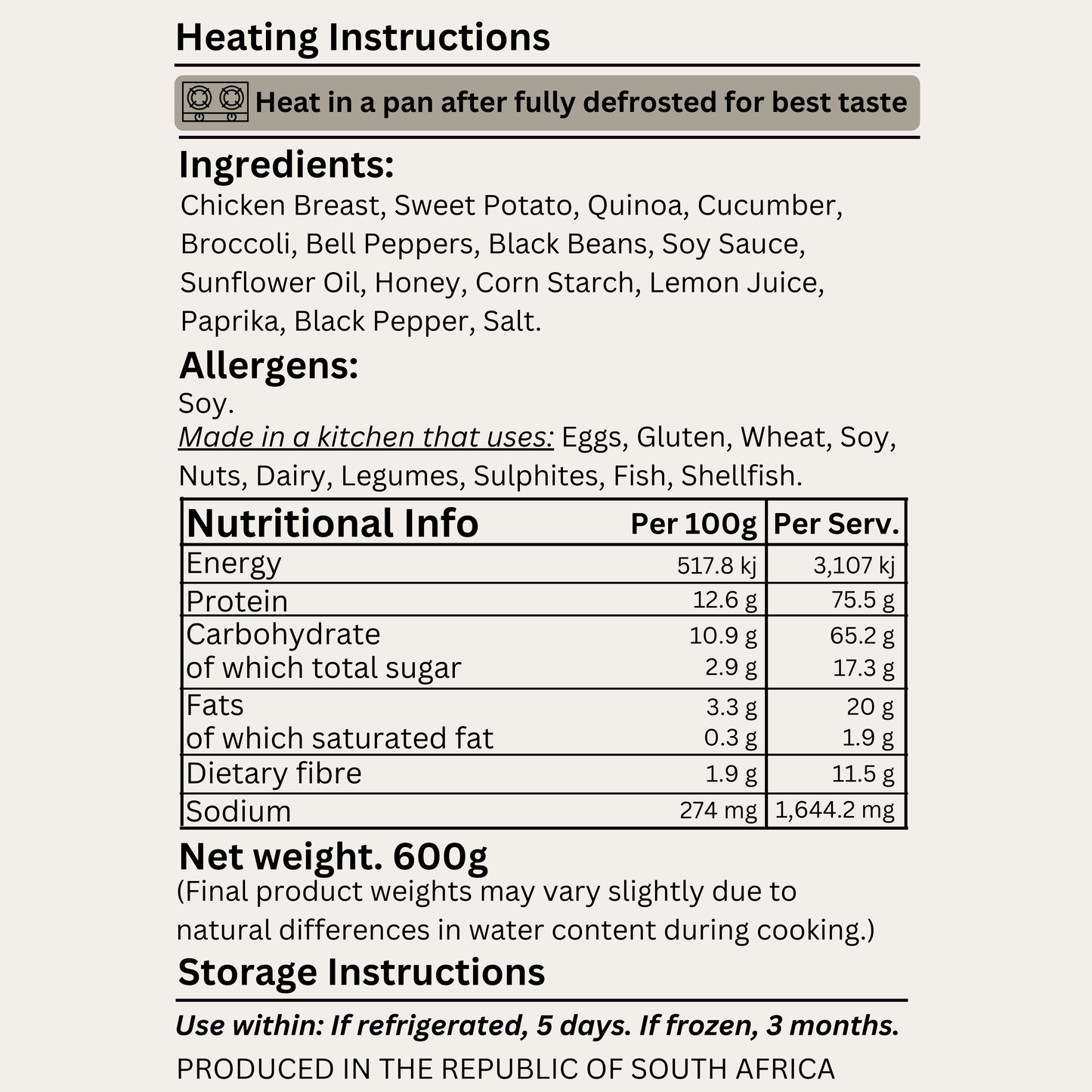 Macro&Micro nutritional label with ingredients, allergens, and heating instructions on a white background.
Capetown Meal Prep.