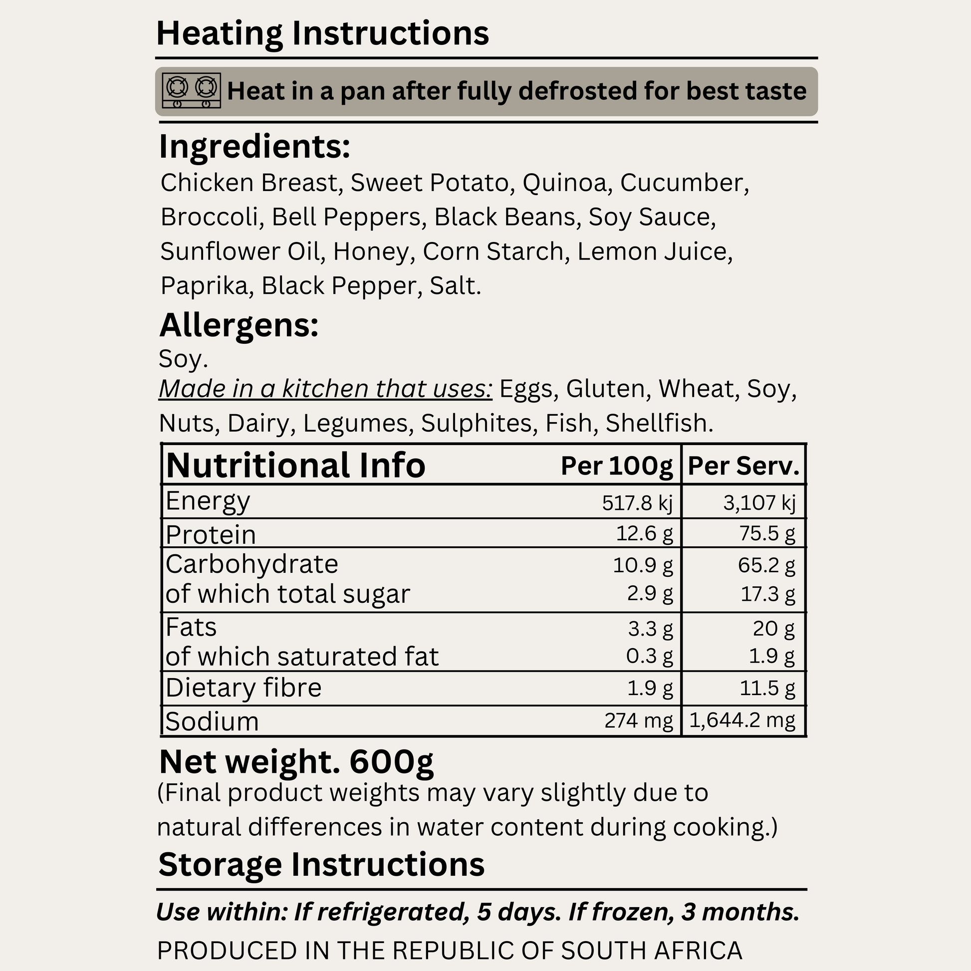 Macro&Micro nutritional label with ingredients, allergens, and heating instructions on a white background.
Capetown Meal Prep.
