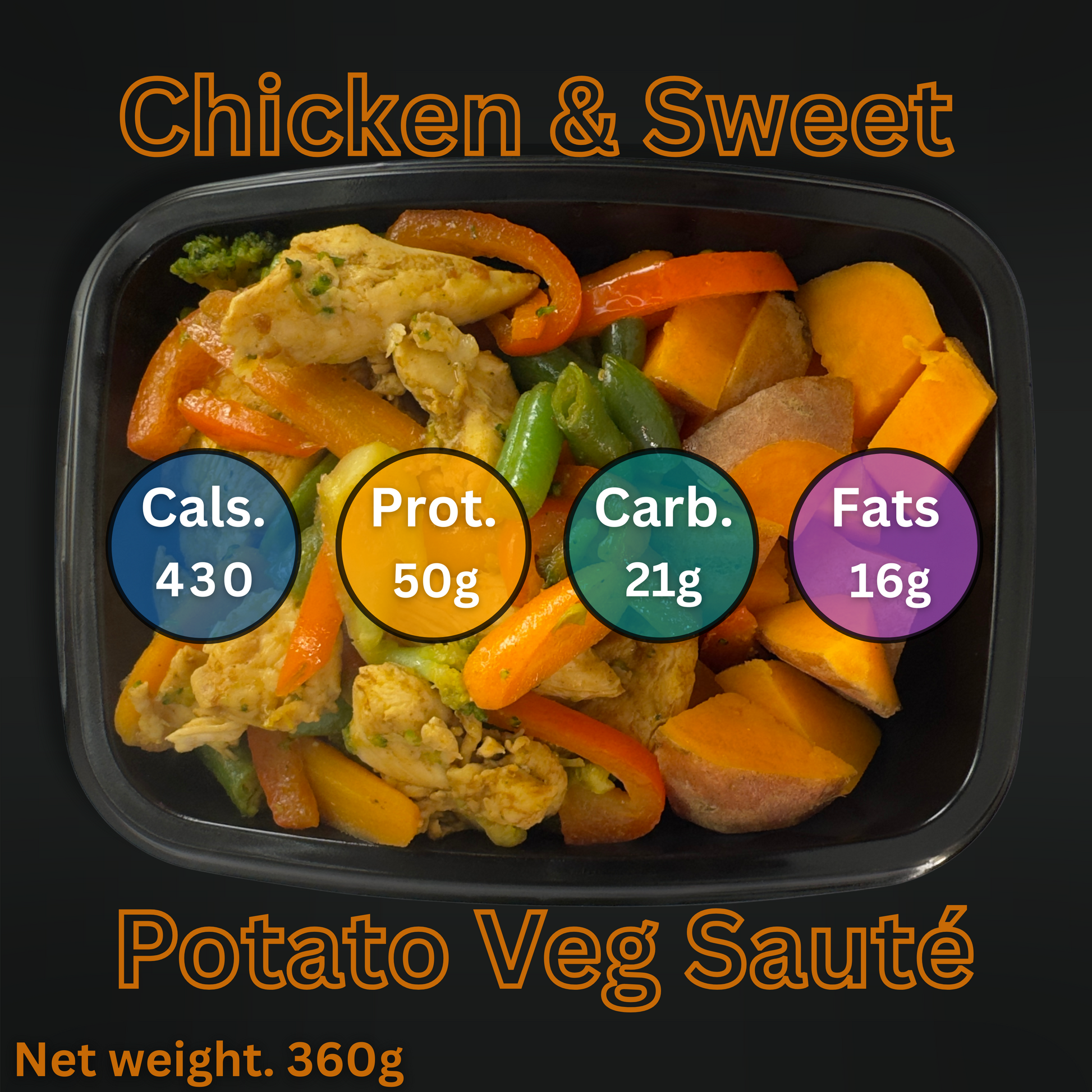 Macro&Micro Chicken & Sweet Potato Veg Sauté with nutritional information on a black background