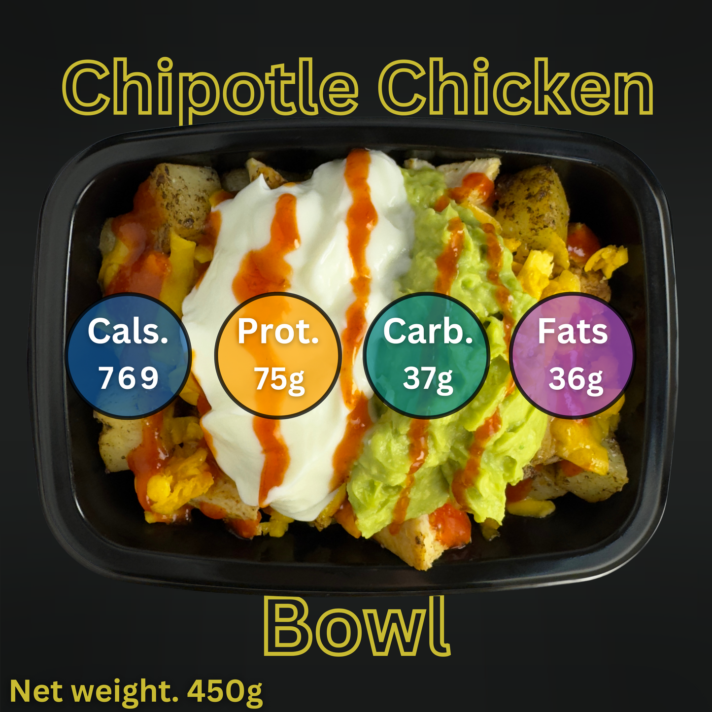 Macro&Micro Chipotle Chicken Bowl with nutritional information on a black background