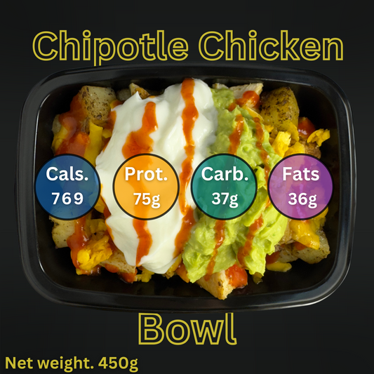 Macro&Micro Chipotle Chicken Bowl with nutritional information on a black background
