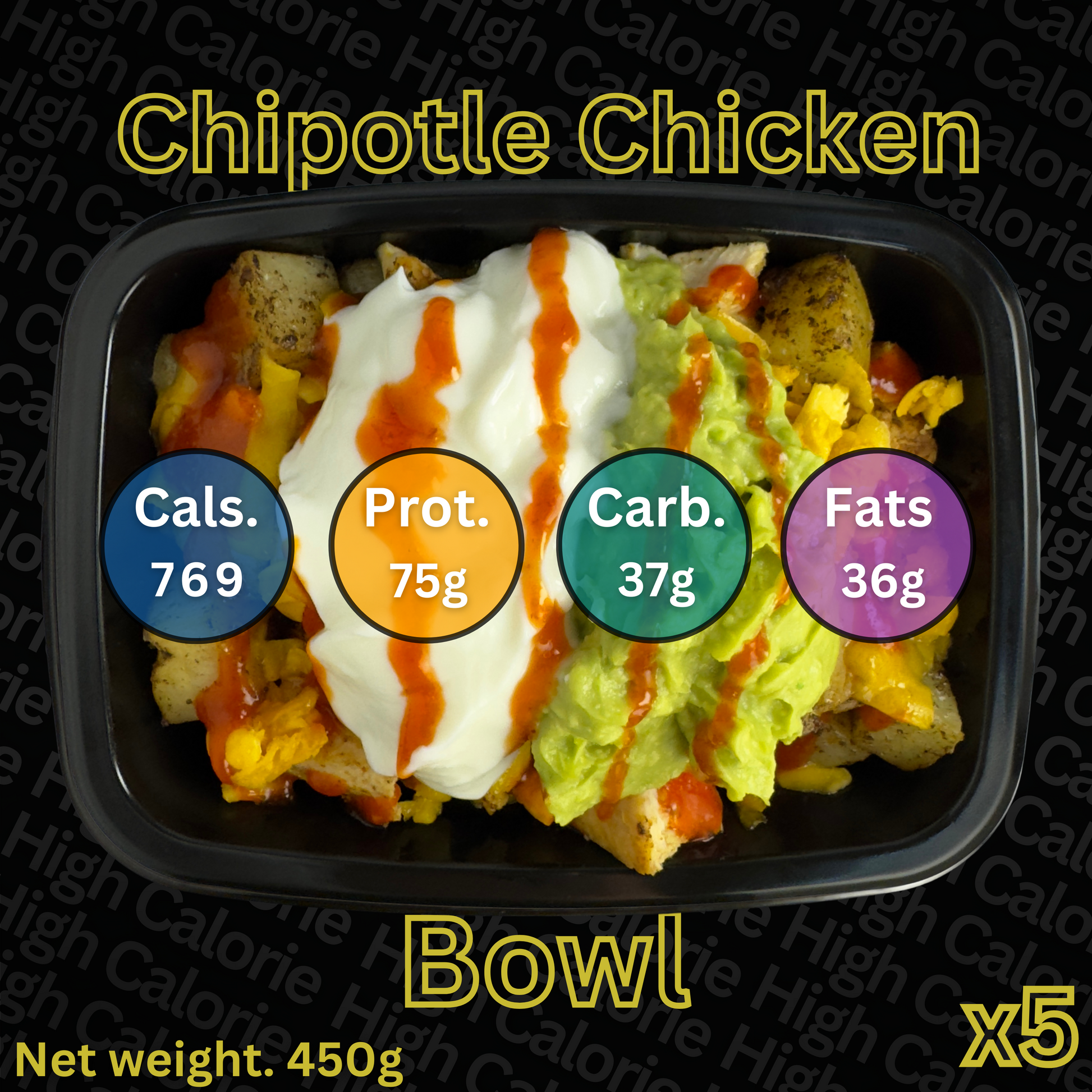 Macro&Micro Chipotle Chicken Bowl with nutritional information on a black background