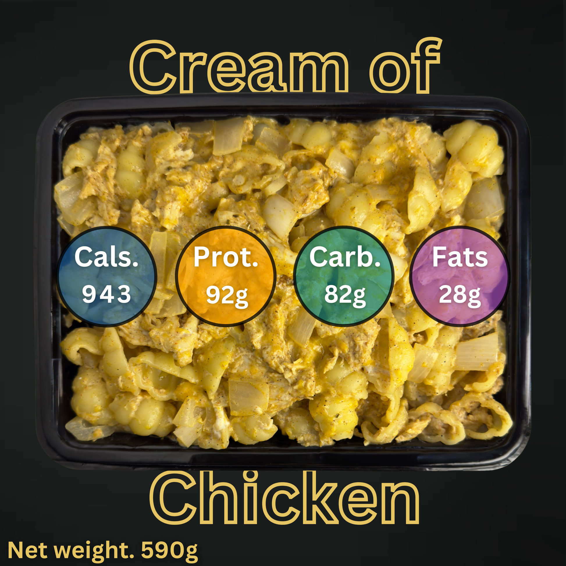 Macro&Micro Cream of Chicken pasta with nutritional information labels on a black background