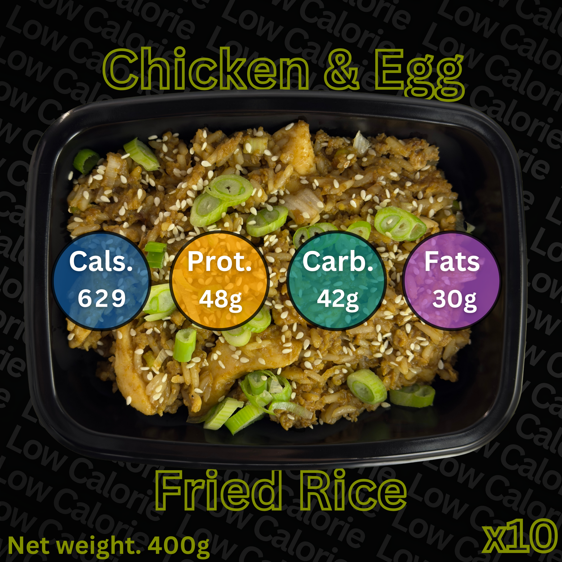 Macro&Micro Chicken & egg fried rice dish with nutritional information labels on a black background