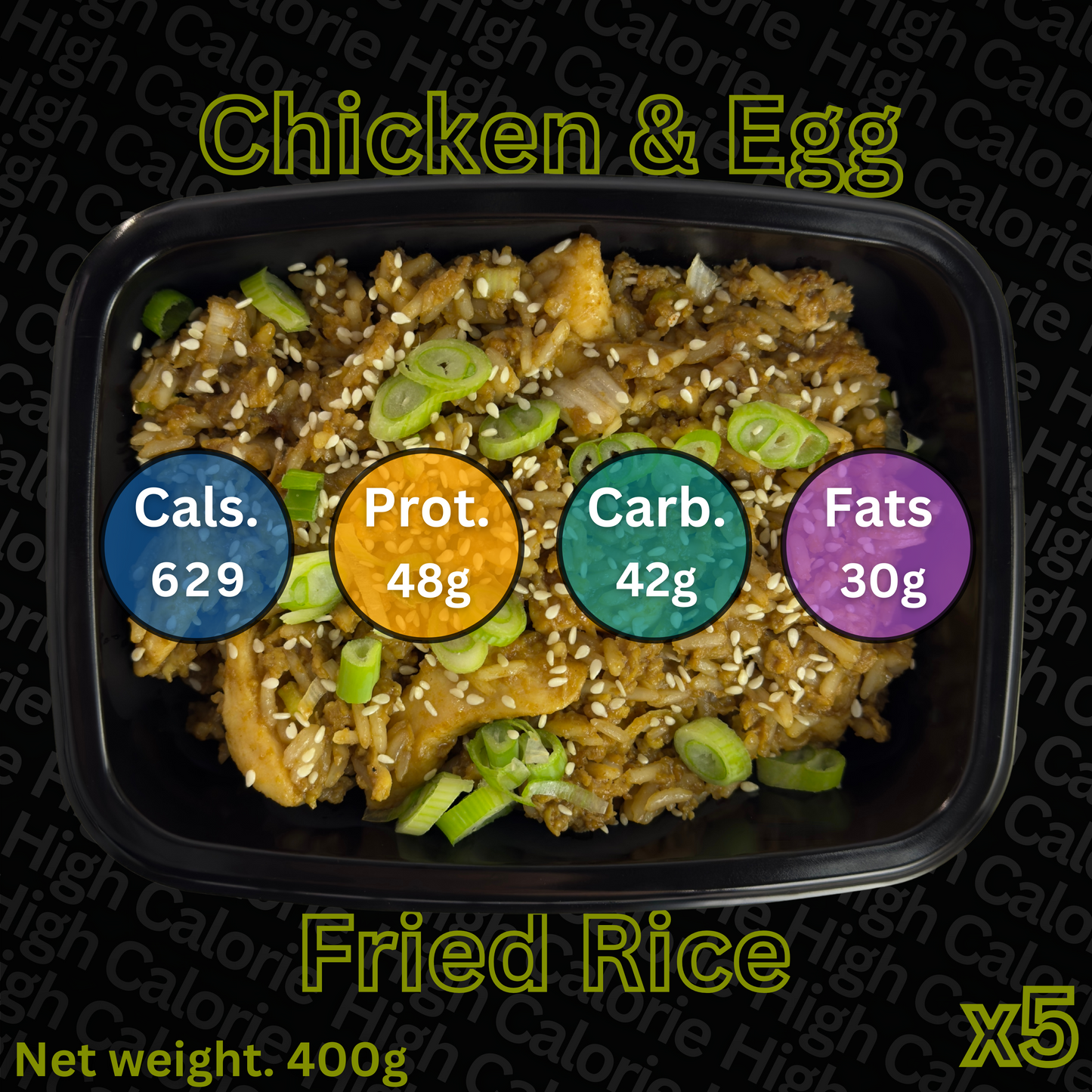 Macro&Micro Fried rice dish with nutritional information displayed on a black background