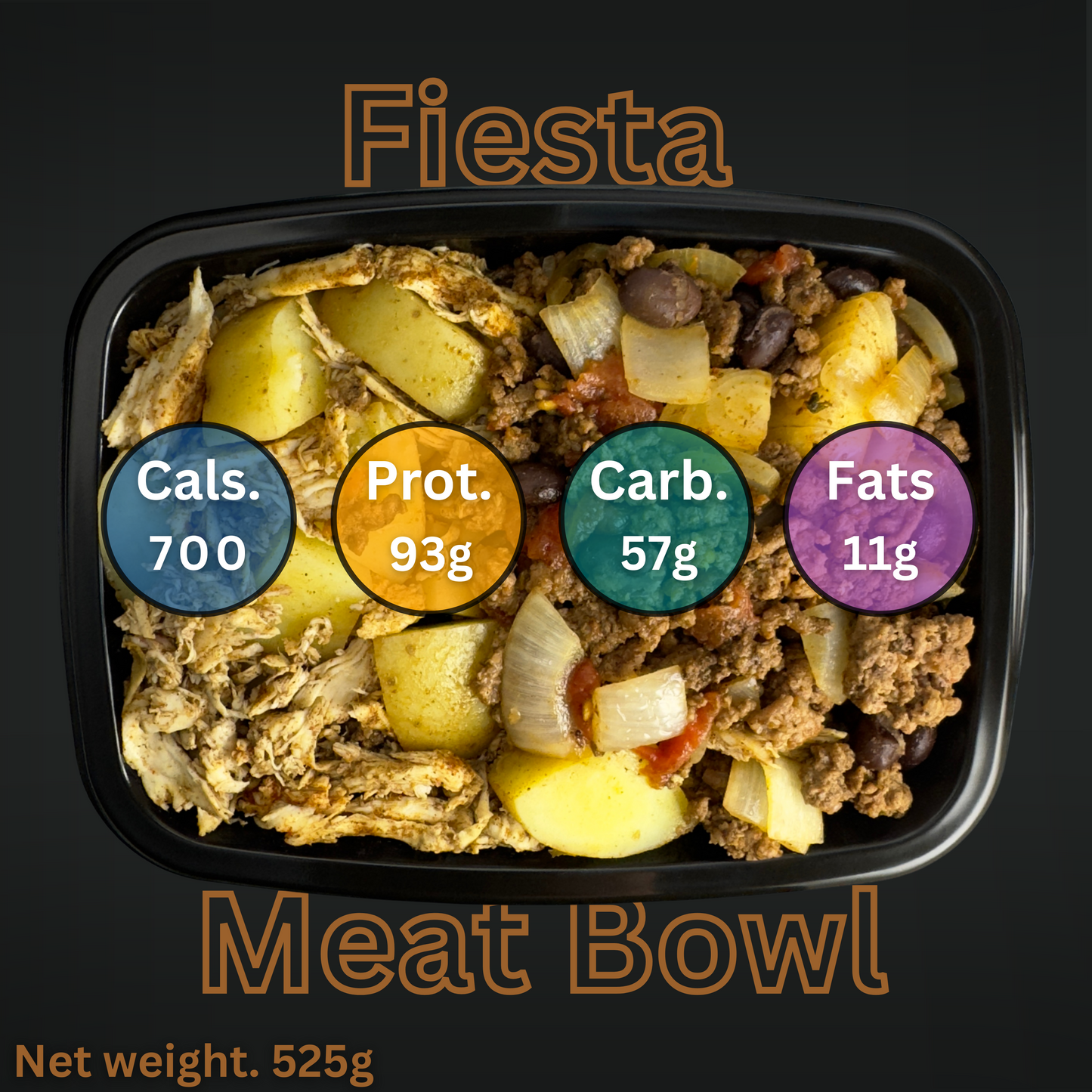 Macro&Micro Fiesta Meat Bowl with nutritional information labels on a dark background