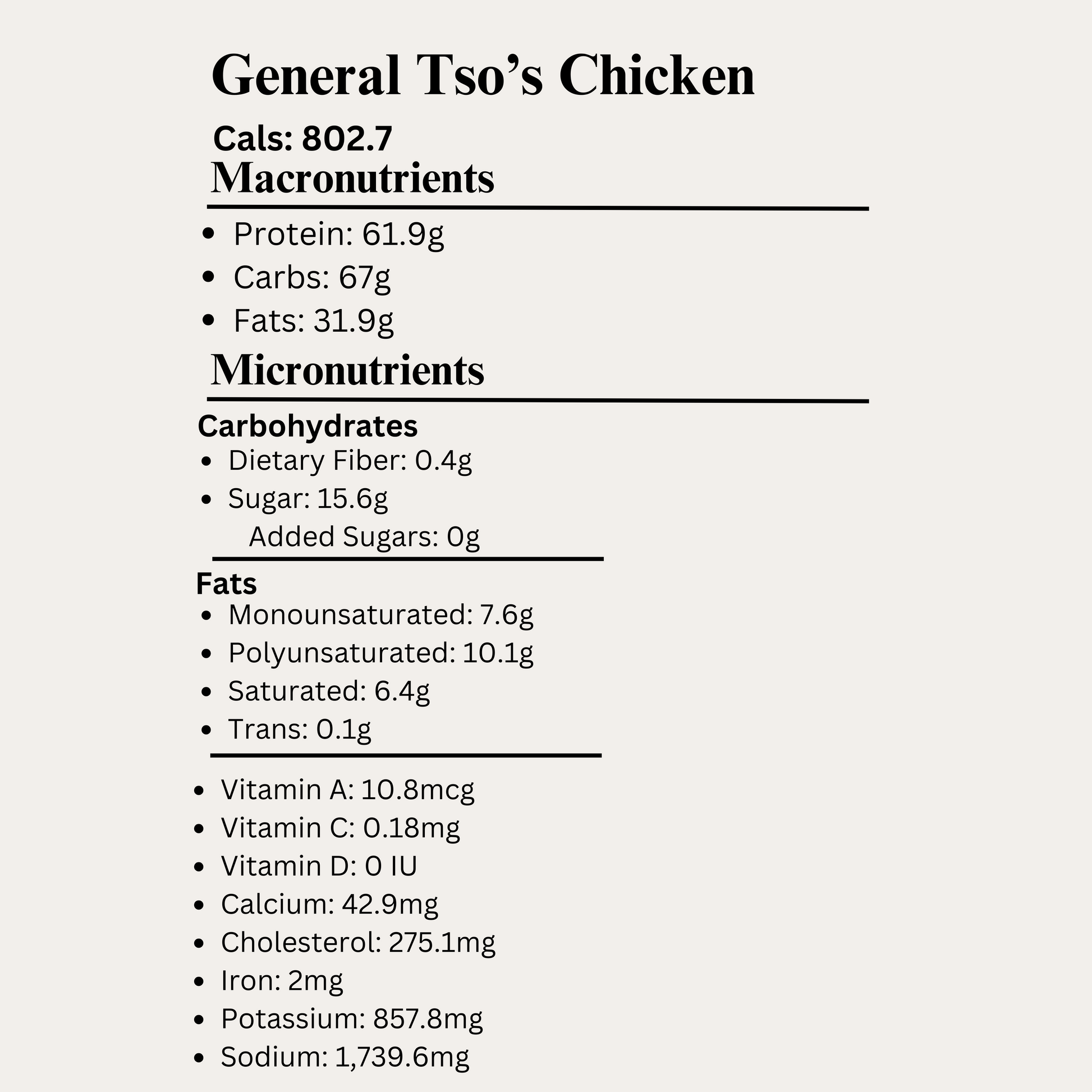 Macro&Micro's nutritional information for General Tso's Chicken on a white background