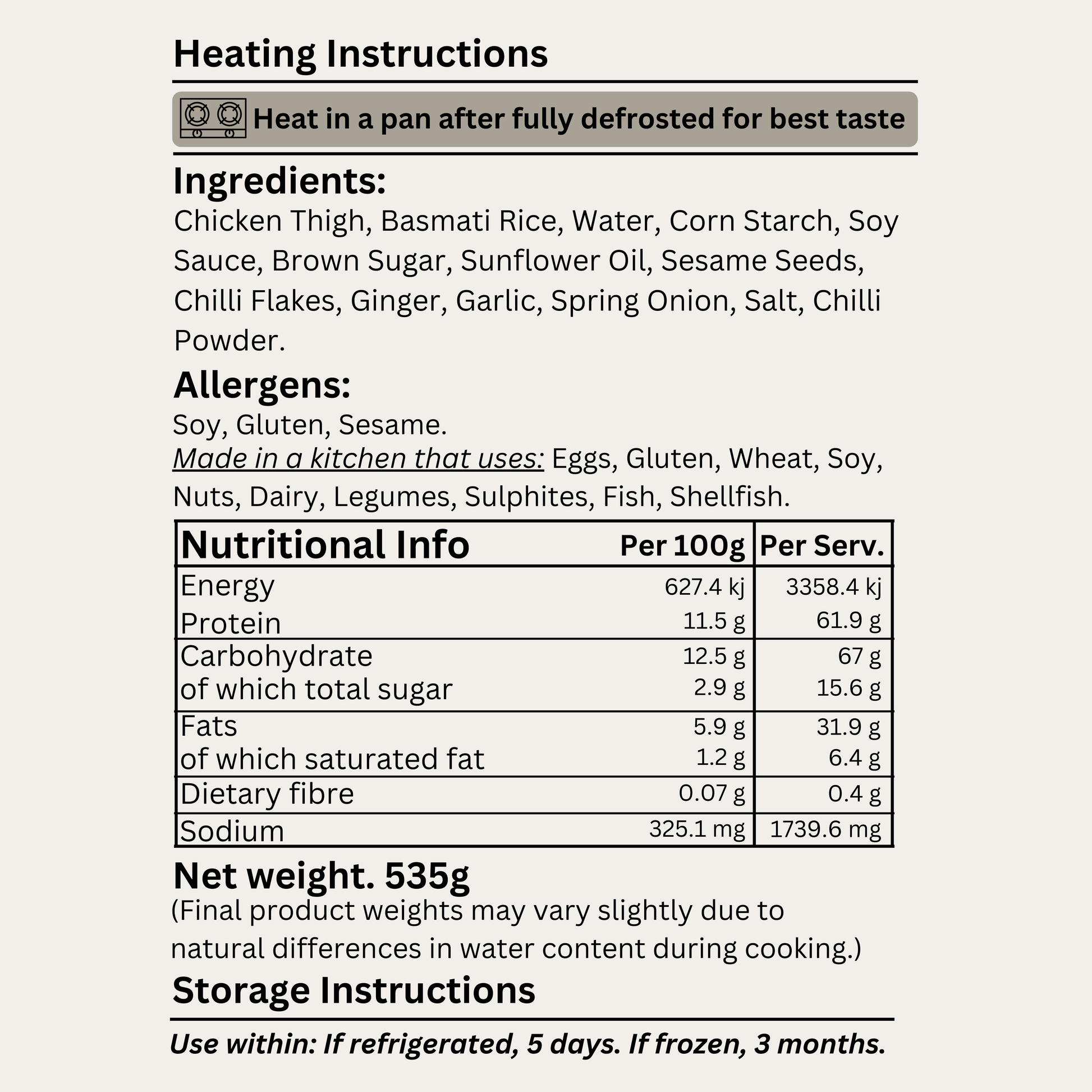 Nutritional label with heating, ingredients, allergens, and storage instructions.