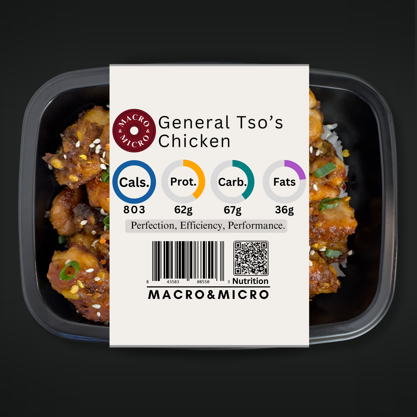 Container of General Tso's Chicken with a Macro & Micro label on a black background
