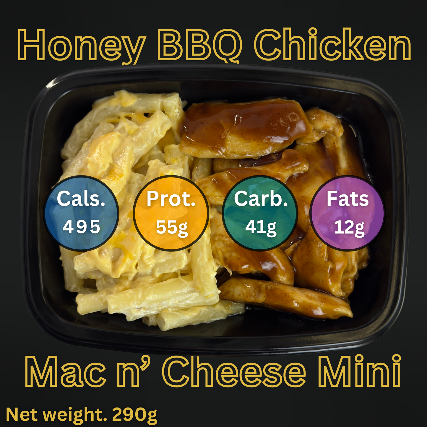 Macro&Micro Honey BBQ Chicken Mac n' Cheese Mini package with nutritional information on a black background