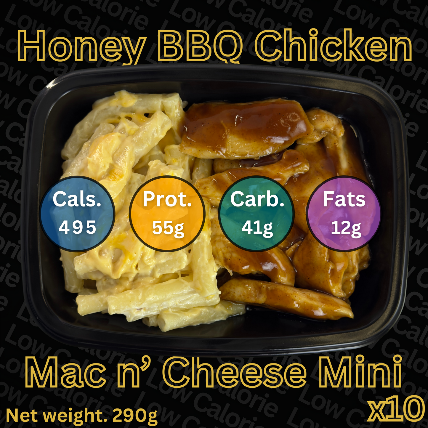 Macro&Micro Honey BBQ Chicken Mac n' Cheese Mini package with nutritional information on a black background