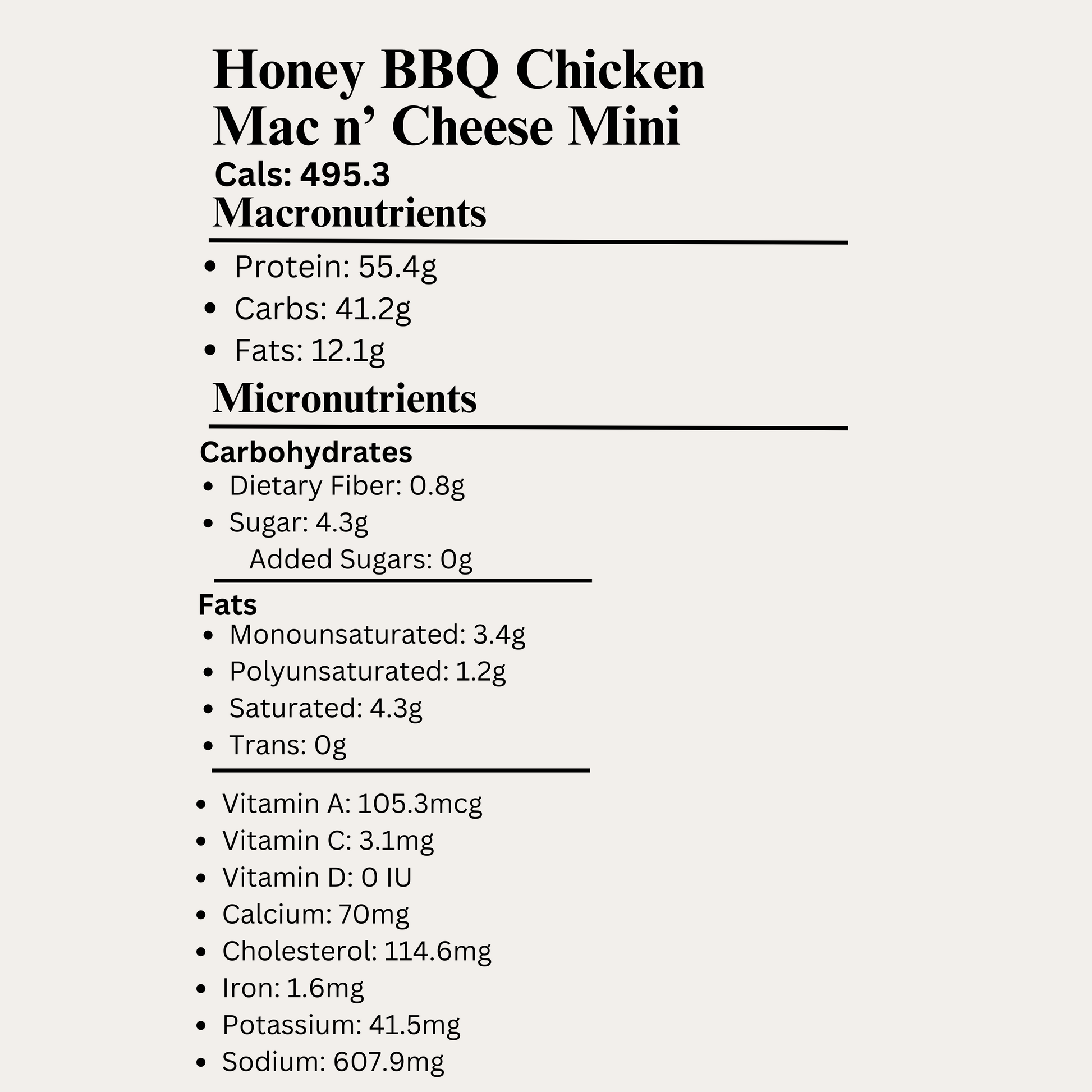 Macro&Micro High Protein, Honey BBQ Chicken Mac n’ Cheese Mini Pre Made Meal Breakdown