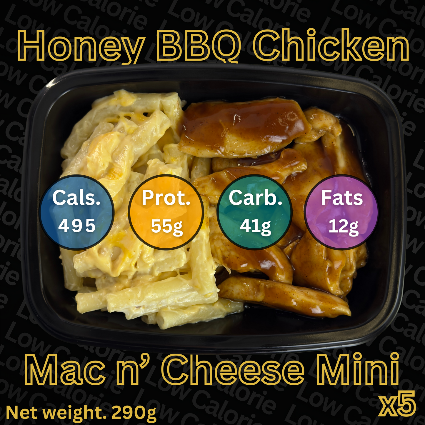 Honey BBQ Chicken and Mac n' Cheese Mini package with nutritional information on a black background.