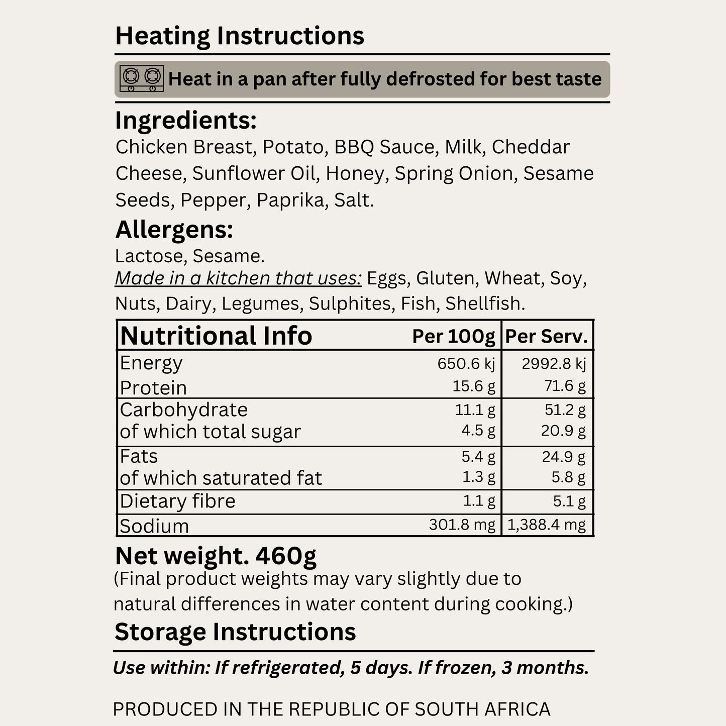 Macro&Micro's Honey 'BBQ Chicken Creamy Mash Bowl' nutritional label with ingredients, allergens, and heating instructions on a white background