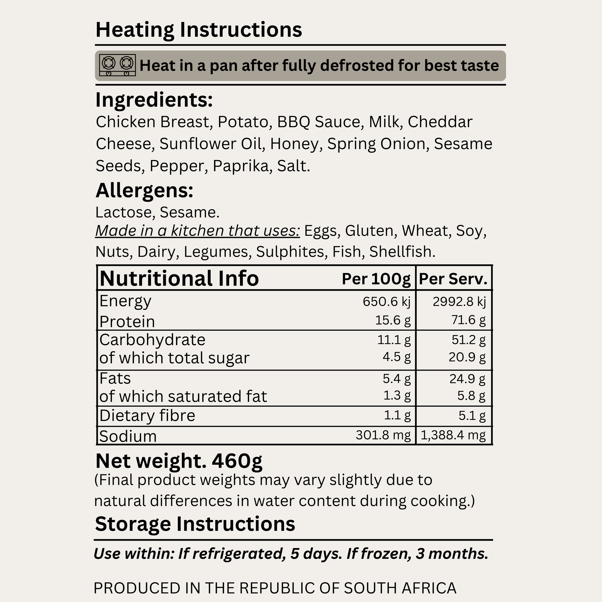 Macro&Micro's Honey 'BBQ Chicken Creamy Mash Bowl' nutritional label with ingredients, allergens, and heating instructions on a white background