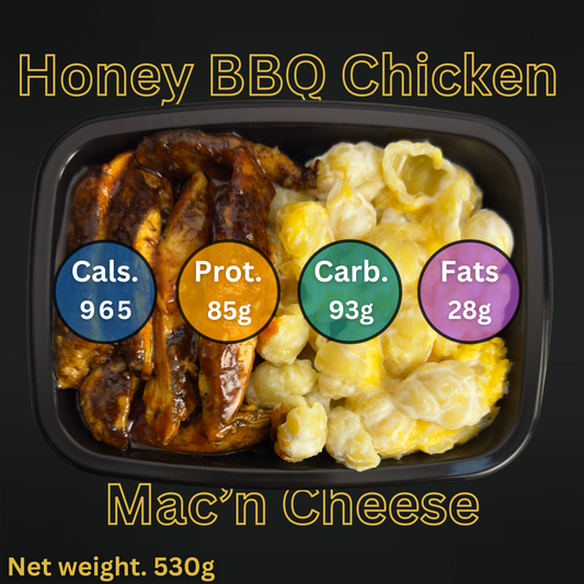 Macro&Micro Honey BBQ Chicken Mac'n Cheese with nutritional information displayed.