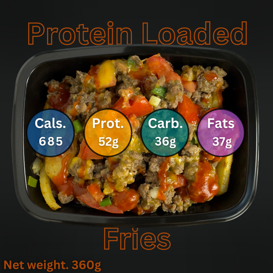 Macro&Micro Protein-loaded fries in a container with nutritional information labels on a dark background