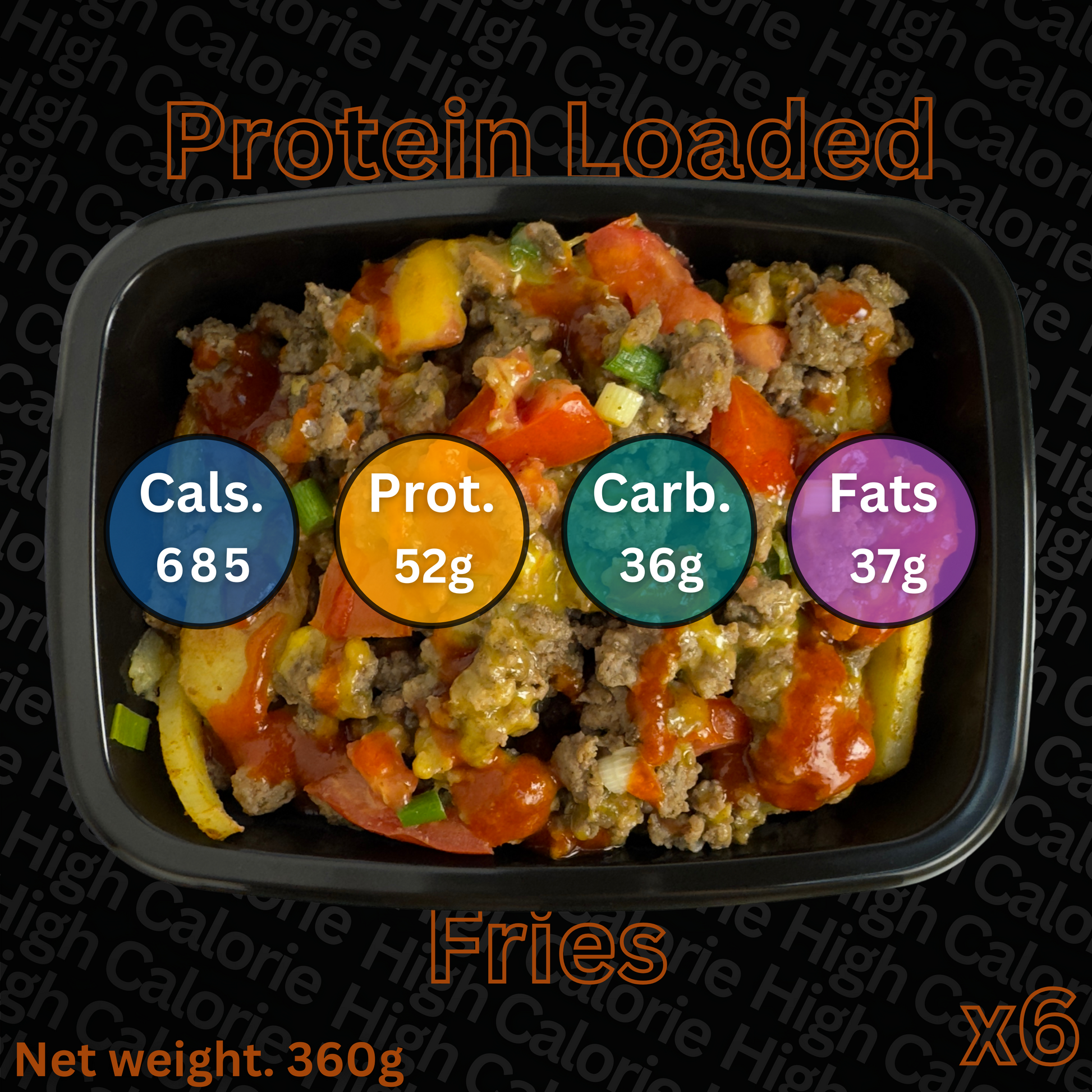 Macro&Micro Protein-loaded fries and nutritional information on a black background.