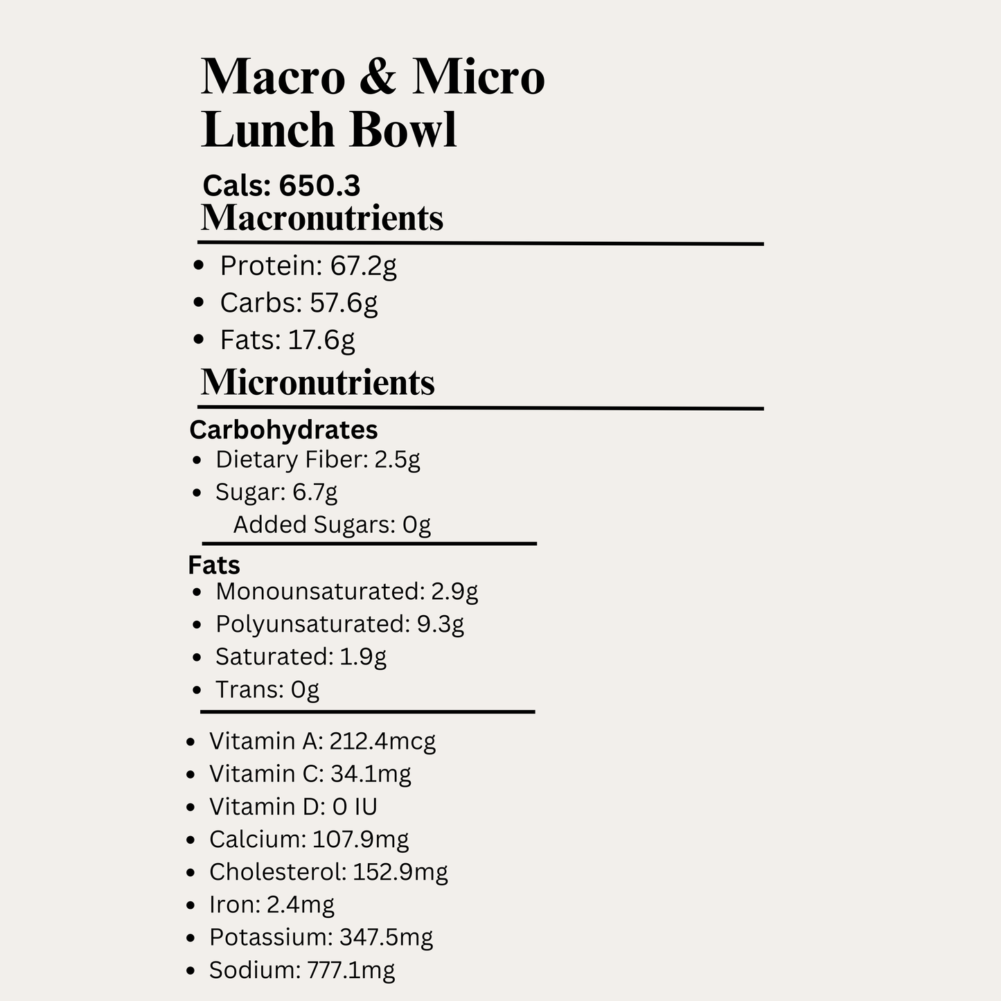 Nutritional label for a 'Macro & Micro Lunch Bowl' with calories, macronutrients, and micronutrients listed.