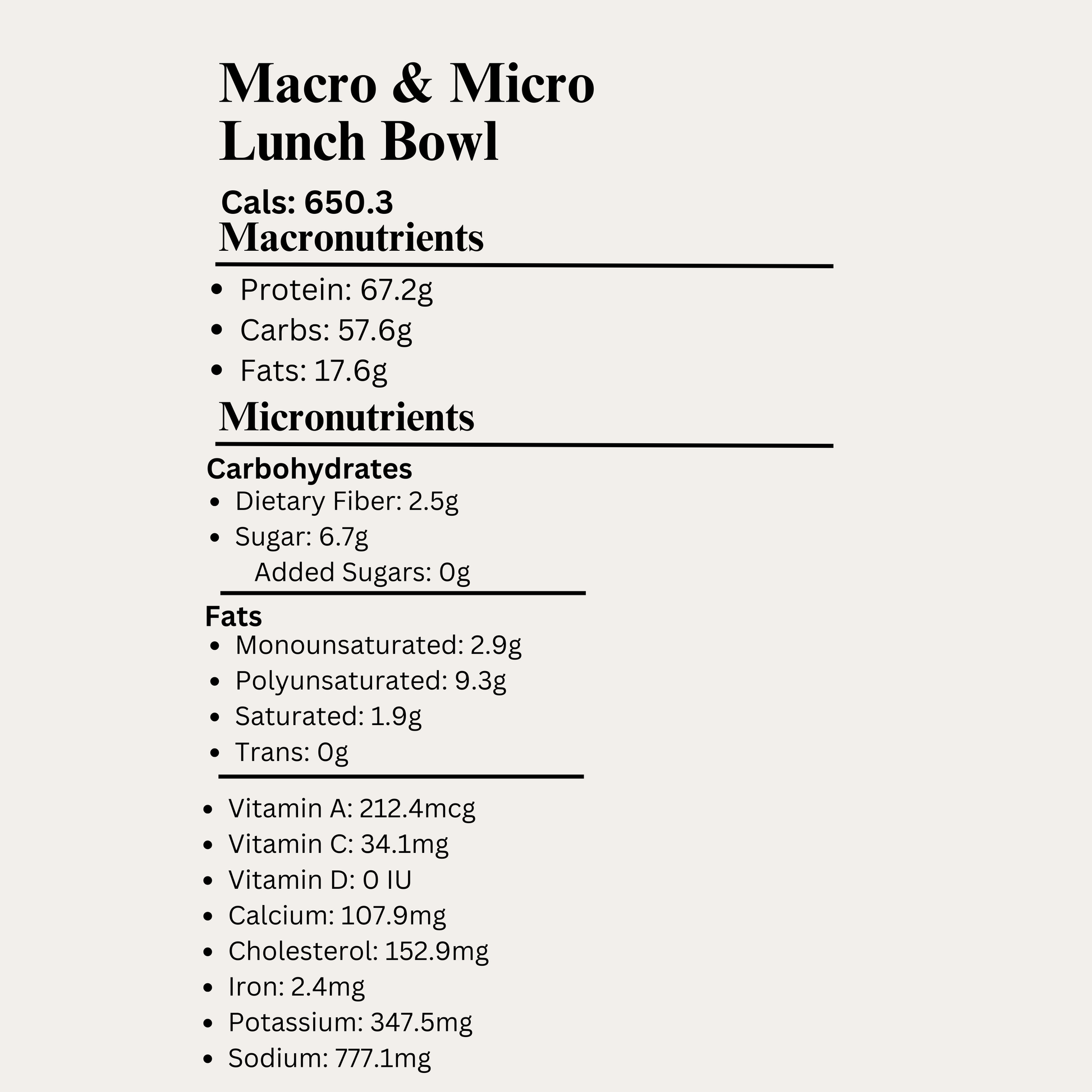 Nutritional label for a 'Macro & Micro Lunch Bowl' with calories, macronutrients, and micronutrients listed.