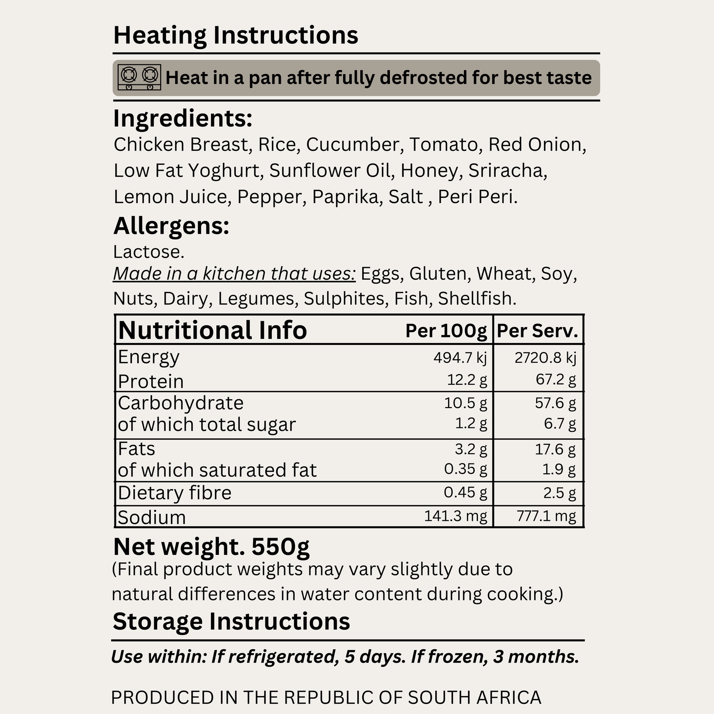 Macro&Micro's nutritional label with ingredients, allergens, and heating instructions on a white background