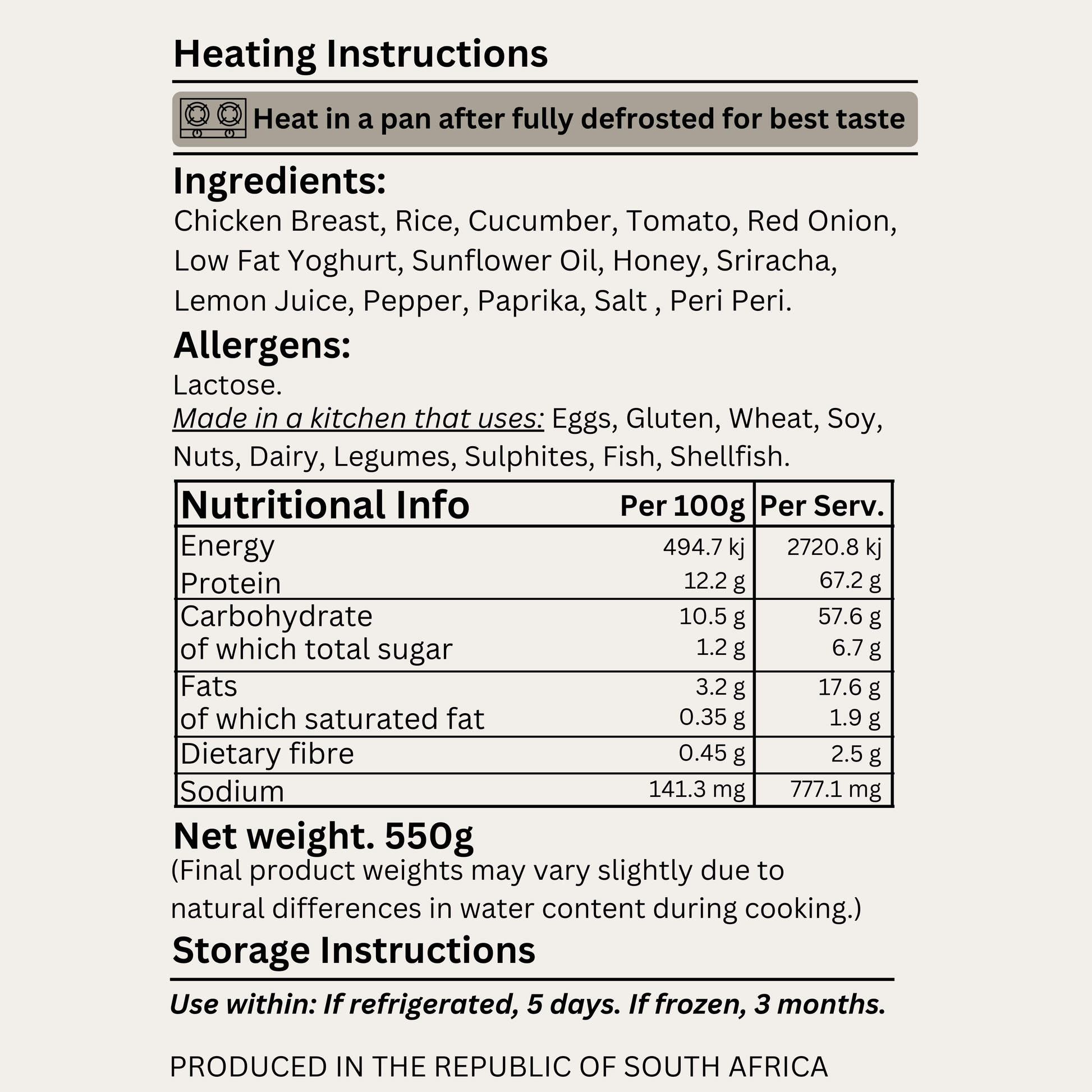 Macro&Micro's nutritional label with ingredients, allergens, and heating instructions on a white background