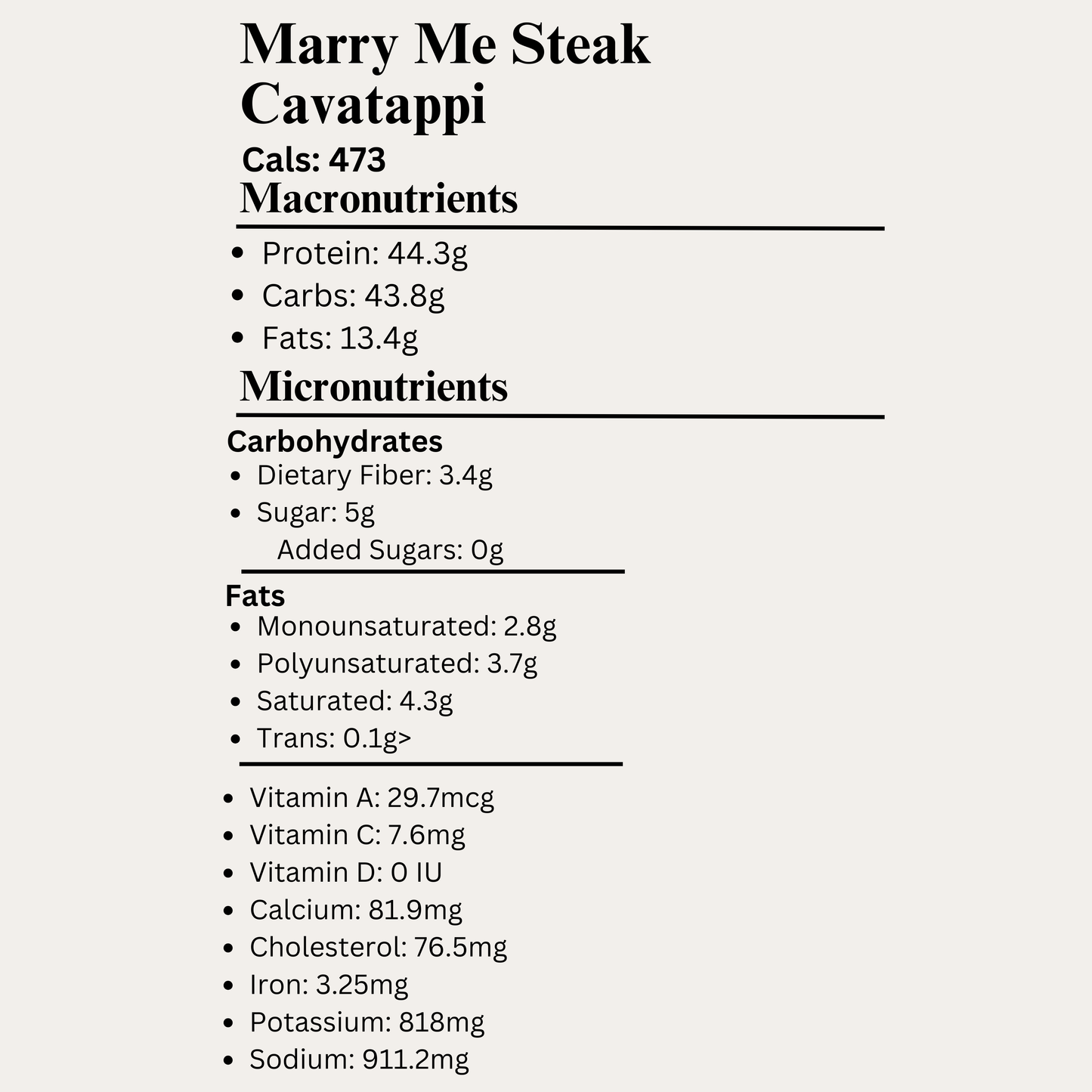 Macro&Micro nutritional information for Marry Me Steak Cavatappi.
Capetown Meal Prep.